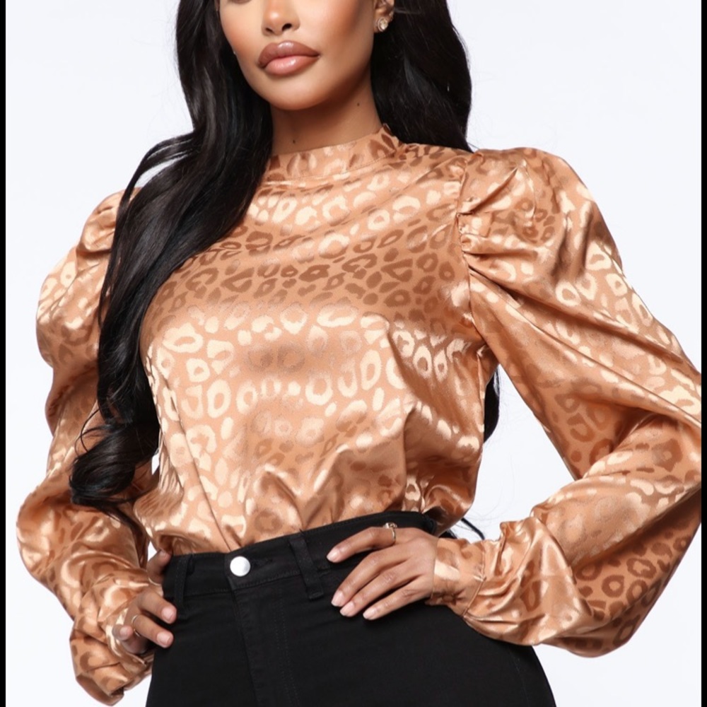 BRAND NEW! Fierce Vibes Leopard Satin Top - Cognac